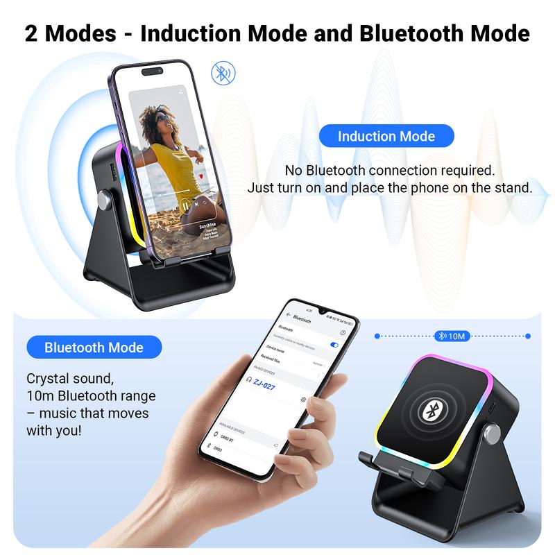 No-Bluetooth Induction Speaker Stand – 5-in-1 Phone Holder with RGB Lights & Power Bank