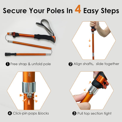 Collapsible Trekking Pole 7075 Aluminum Adjustable 43.3"-51.2" Hiking Pole Quick-Lock Design, Walking Sticks for Hiking/Camping/Travel (Matte Orange)