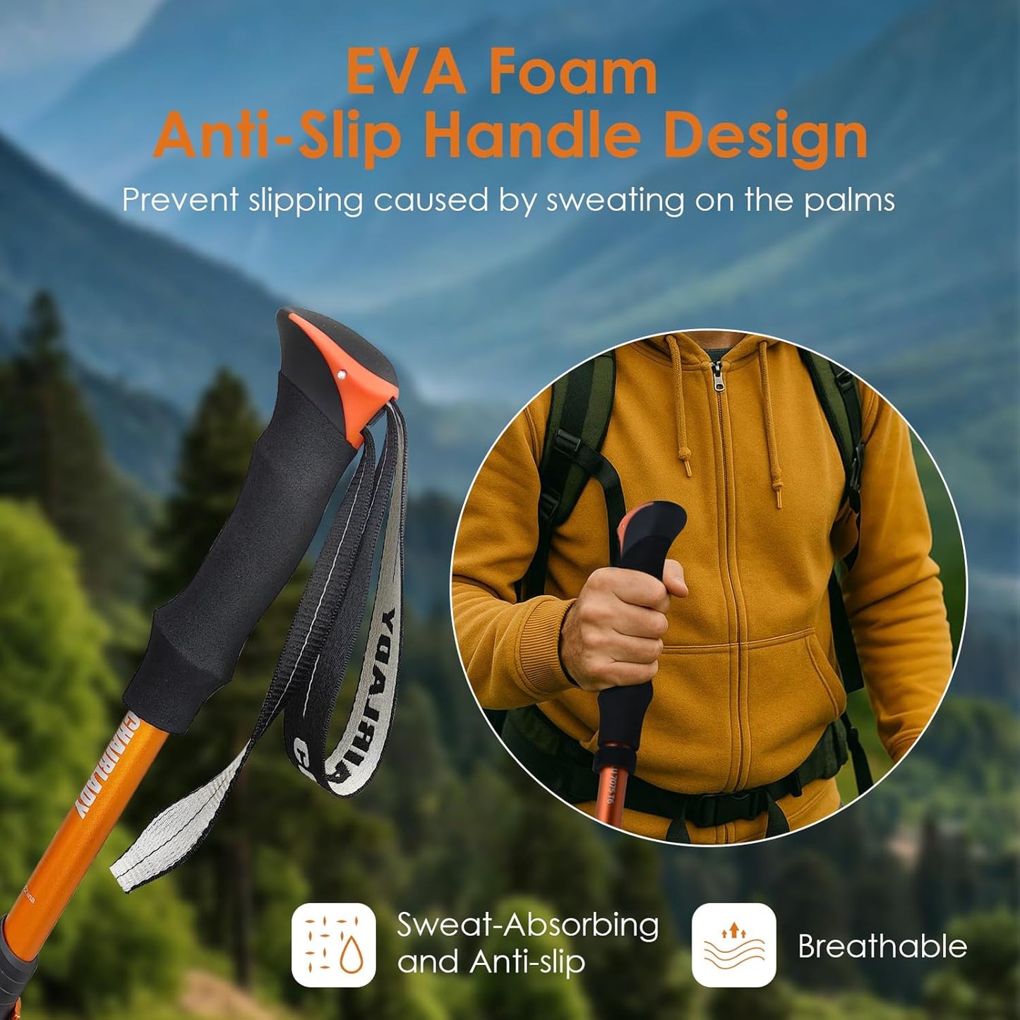 Collapsible Trekking Pole 7075 Aluminum Adjustable 43.3"-51.2" Hiking Pole Quick-Lock Design, Walking Sticks for Hiking/Camping/Travel (Matte Orange)