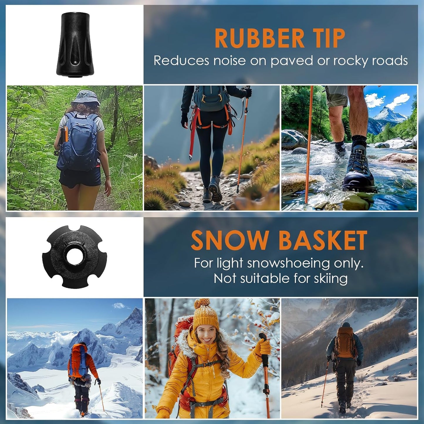 Collapsible Trekking Pole 7075 Aluminum Adjustable 43.3"-51.2" Hiking Pole Quick-Lock Design, Walking Sticks for Hiking/Camping/Travel (Matte Orange)